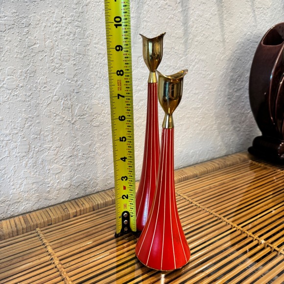 Vintage Rare Red Serv Wood Candlestick Holders Set of 4 | MCM Danish Modern - Picture 7 of 10